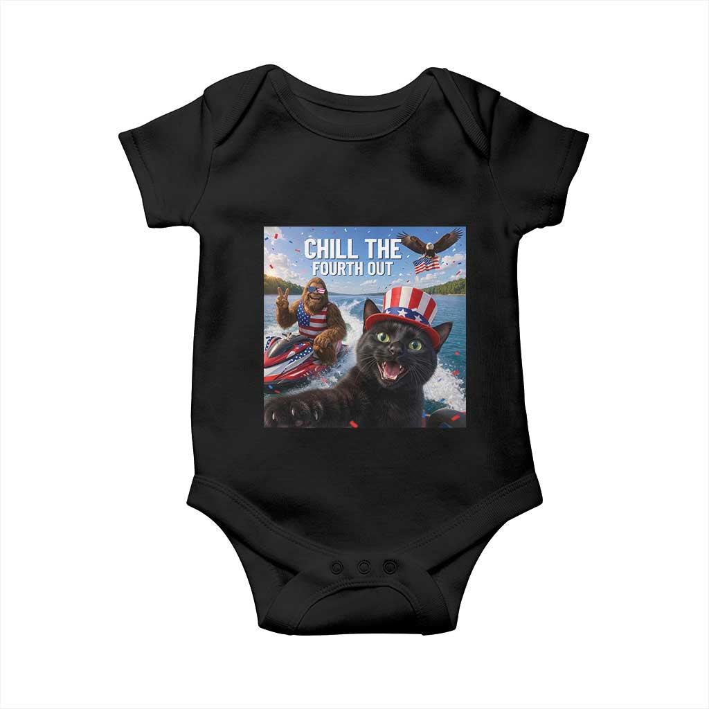Patriotic Bigfoot And Cat Baby Onesie Chill The Fourth Out