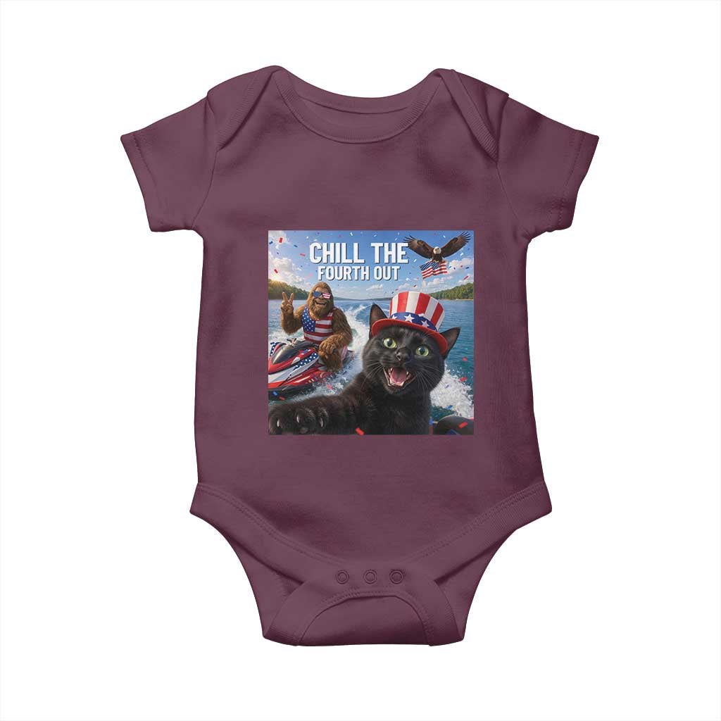 Patriotic Bigfoot And Cat Baby Onesie Chill The Fourth Out