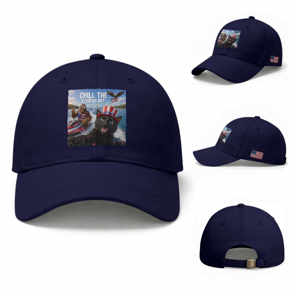 Patriotic Bigfoot And Cat Baseball Cap Chill The Fourth Out