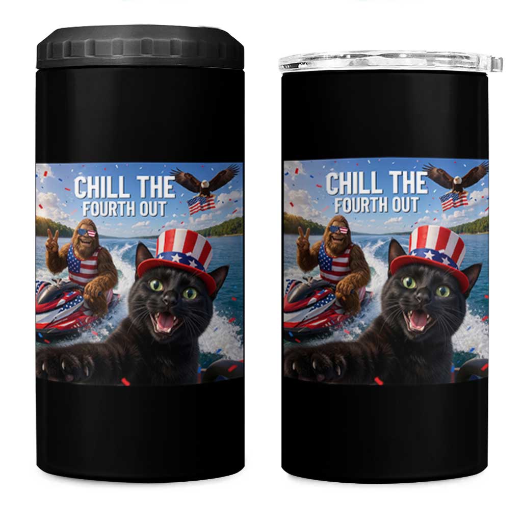 Patriotic Bigfoot And Cat 4 in 1 Can Cooler Tumbler Chill The Fourth Out