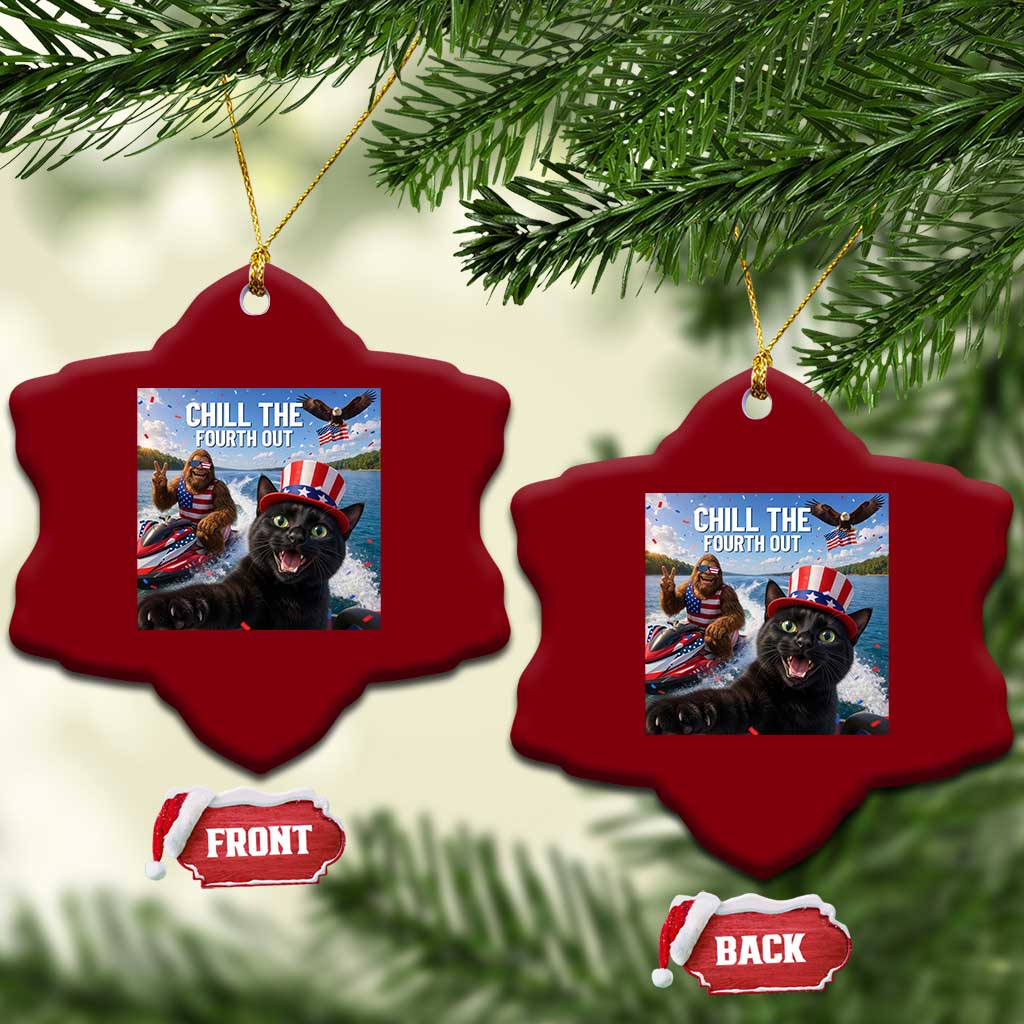 Patriotic Bigfoot And Cat Ceramic Ornament Chill The Fourth Out