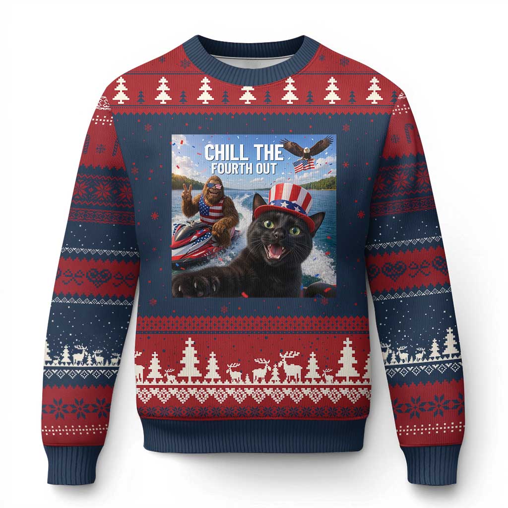 Patriotic Bigfoot And Cat Ugly Christmas Sweater Chill The Fourth Out