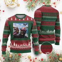 Patriotic Bigfoot And Cat Ugly Christmas Sweater Chill The Fourth Out