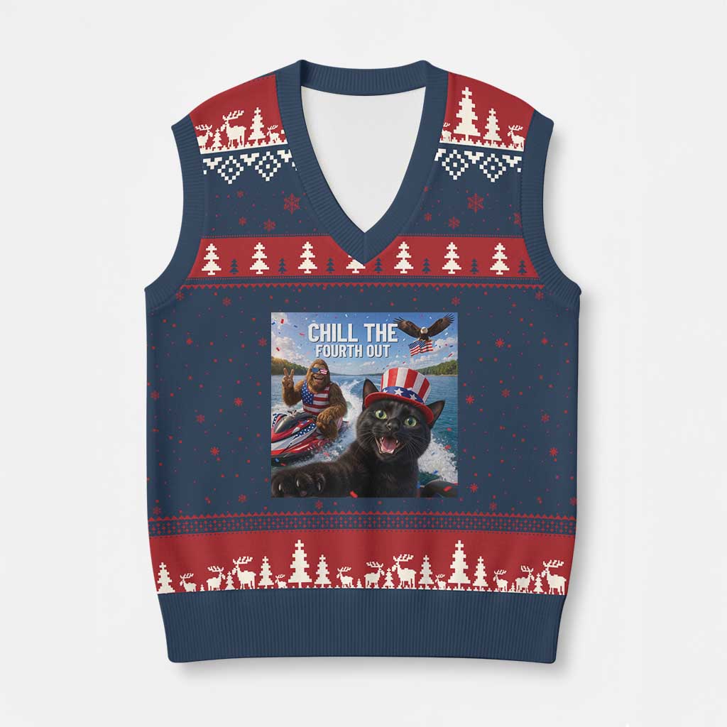 Patriotic Bigfoot And Cat V-Neck Knit Sweater Vest Chill The Fourth Out