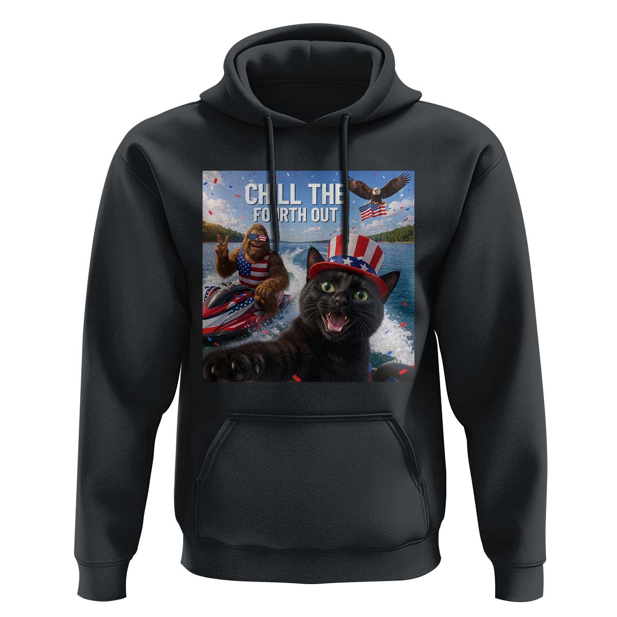 Patriotic Bigfoot And Cat Hoodie Chill The Fourth Out