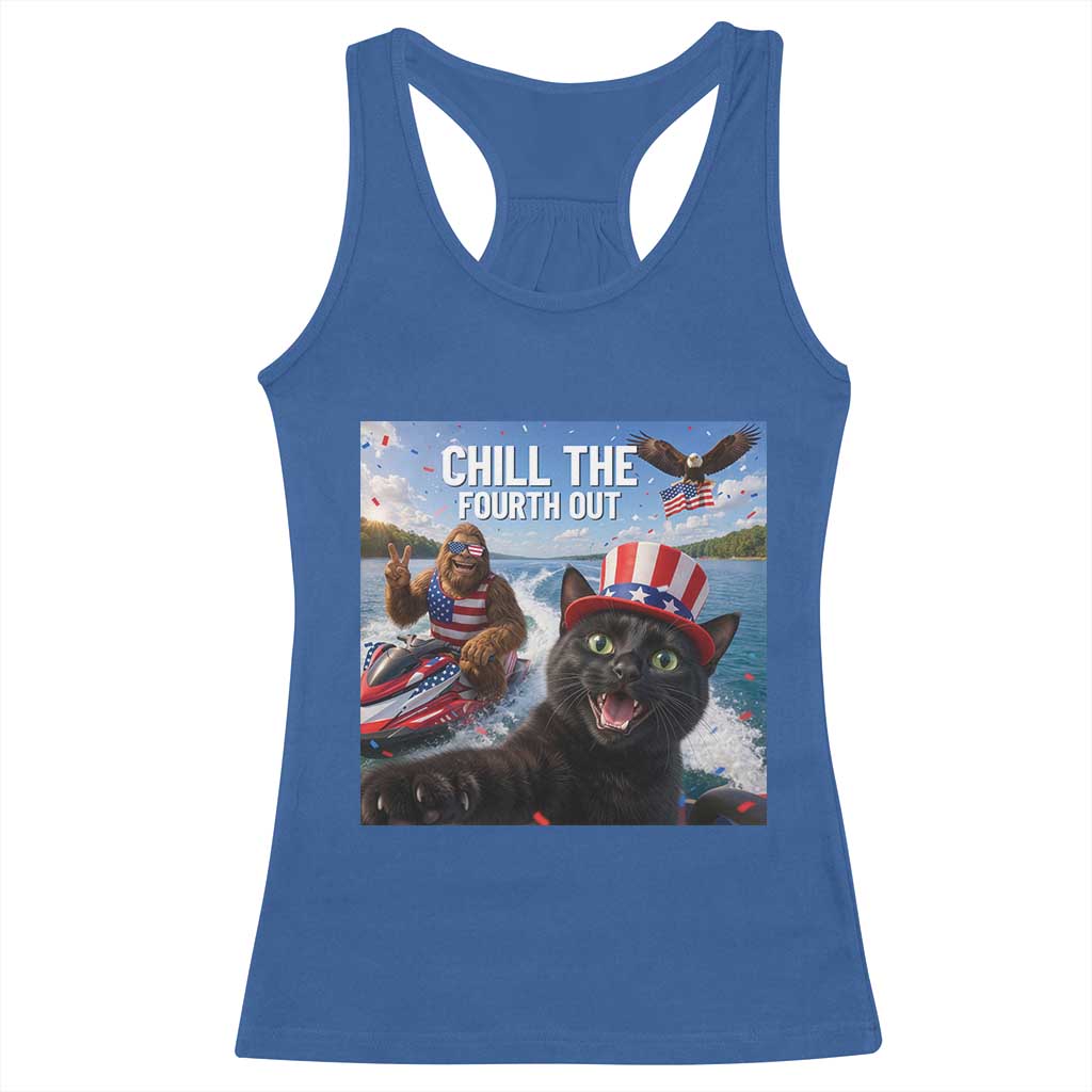 Patriotic Bigfoot And Cat Racerback Tank Top Chill The Fourth Out