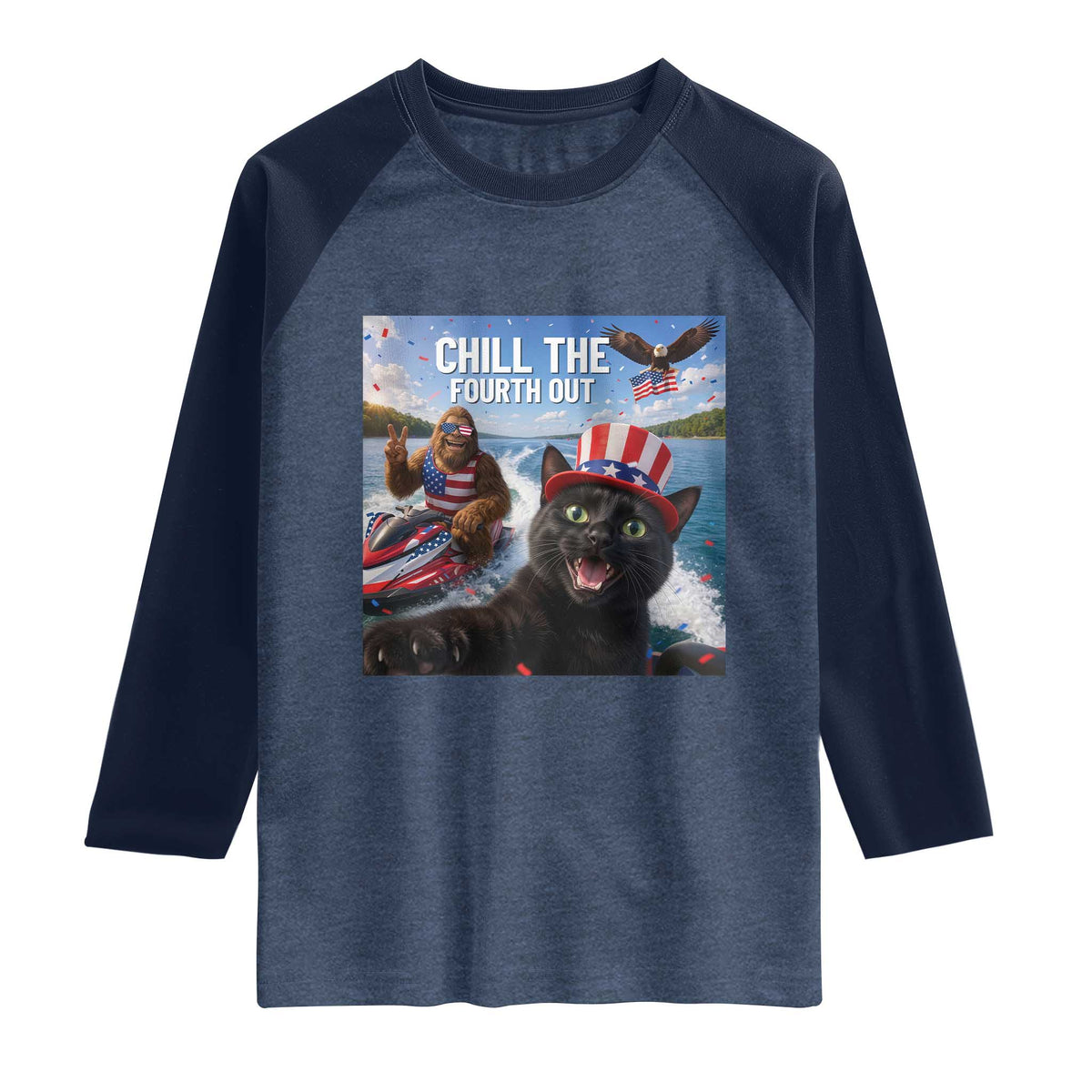 Patriotic Bigfoot And Cat Raglan Shirt Chill The Fourth Out