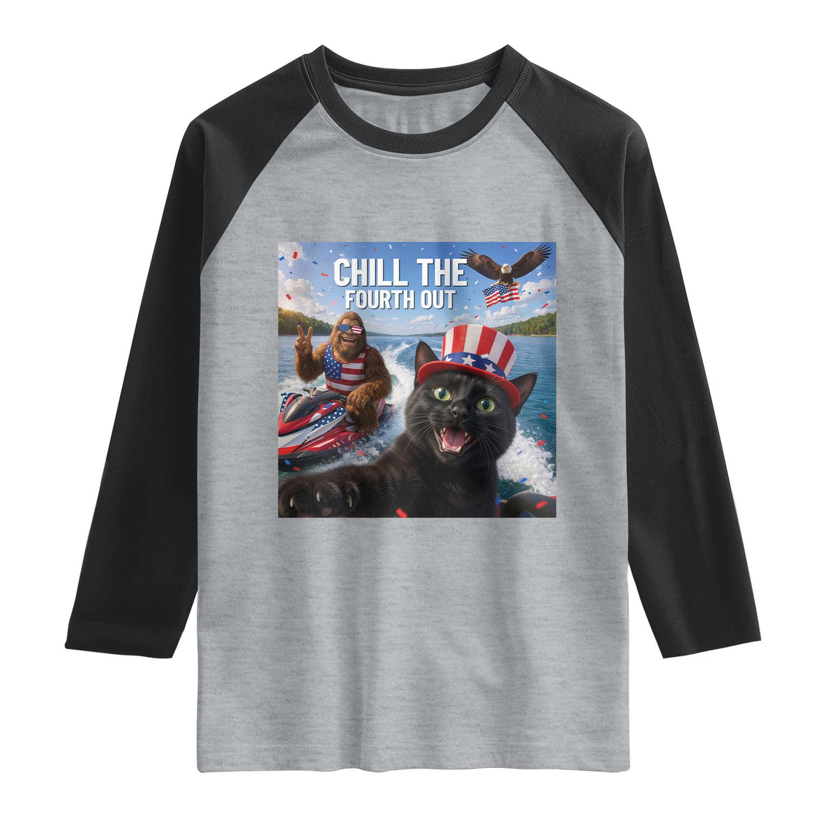 Patriotic Bigfoot And Cat Raglan Shirt Chill The Fourth Out