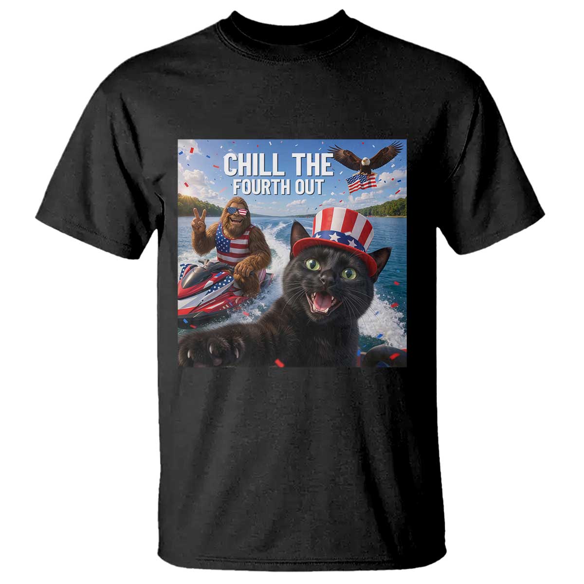 Patriotic Bigfoot And Cat T Shirt Chill The Fourth Out