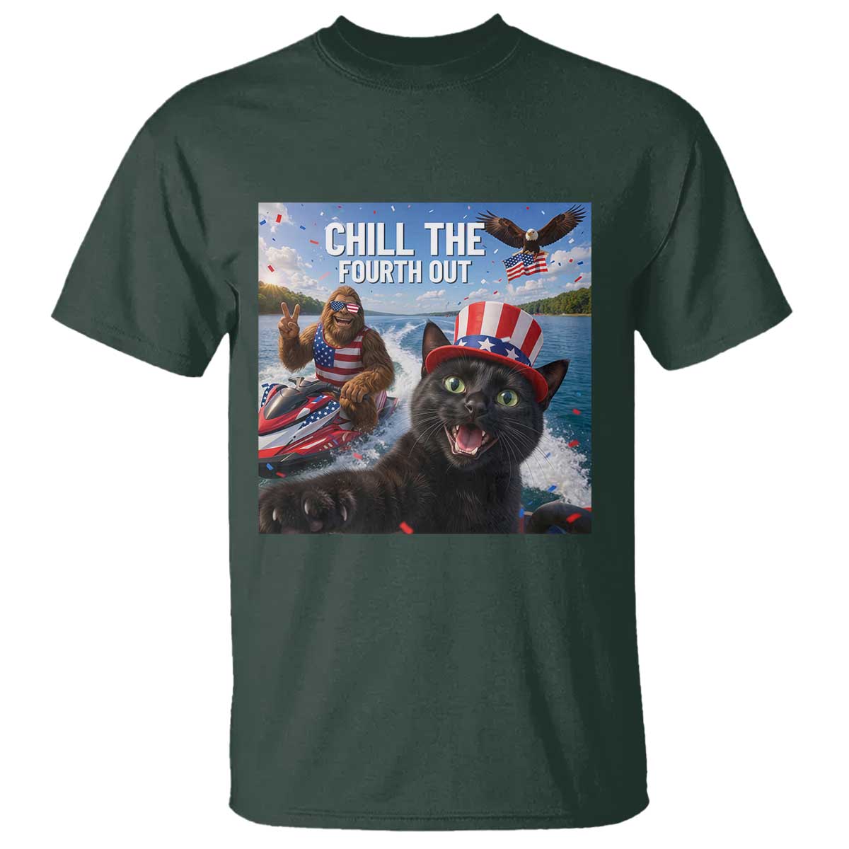 Patriotic Bigfoot And Cat T Shirt Chill The Fourth Out