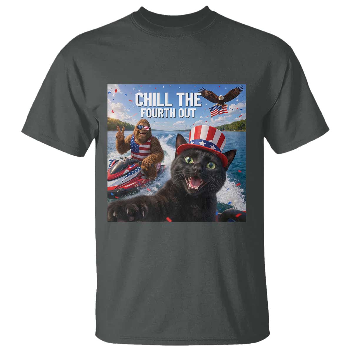 Patriotic Bigfoot And Cat T Shirt Chill The Fourth Out