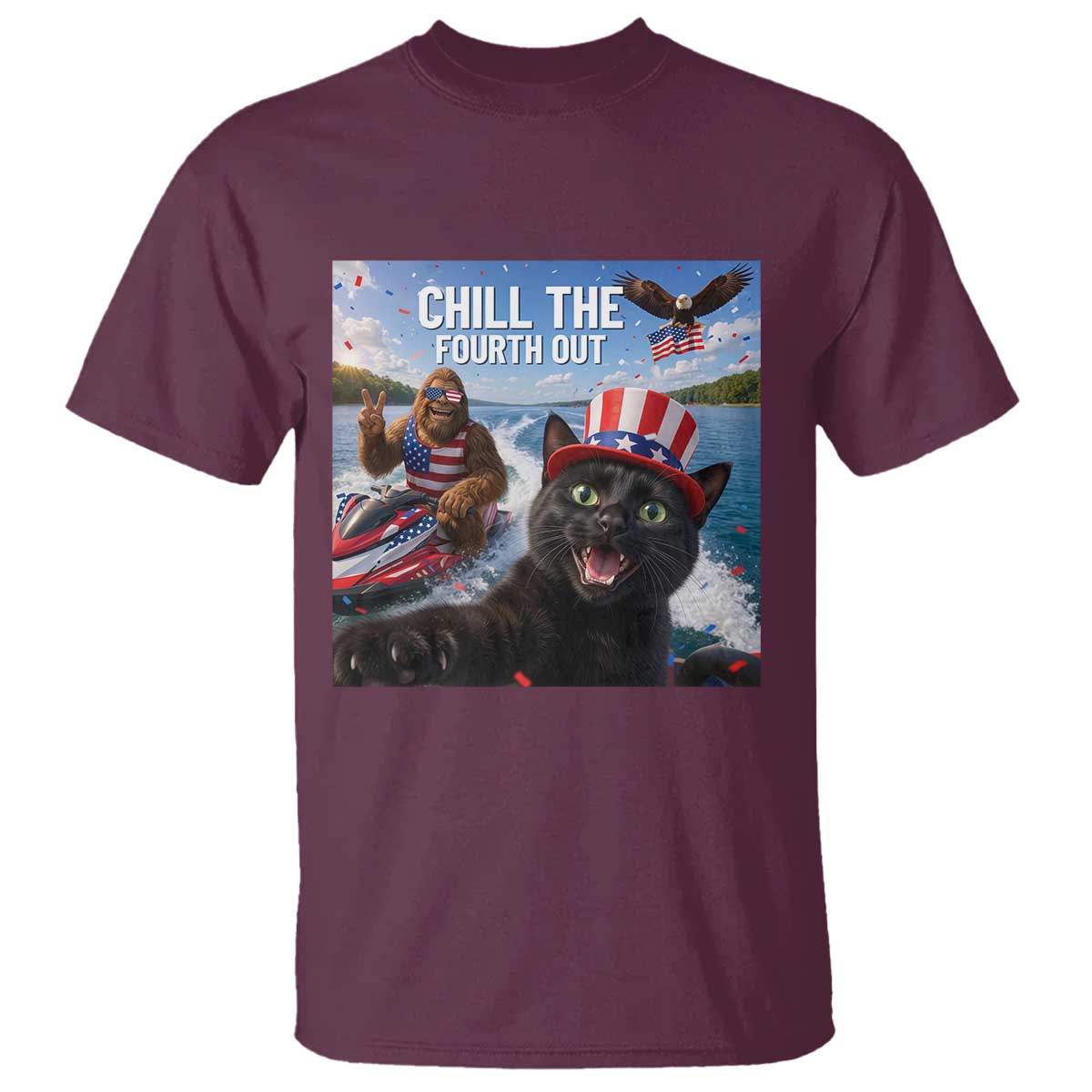 Patriotic Bigfoot And Cat T Shirt Chill The Fourth Out