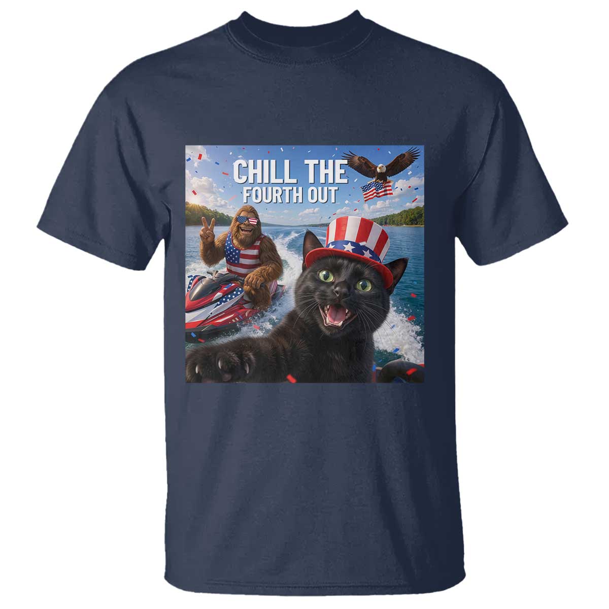 Patriotic Bigfoot And Cat T Shirt Chill The Fourth Out