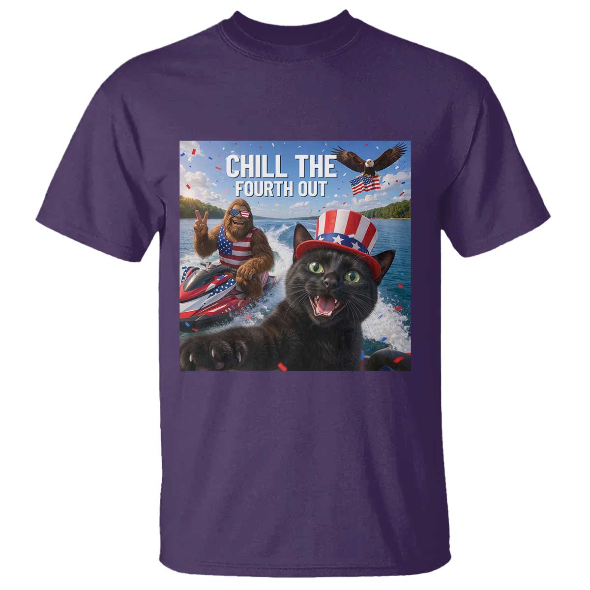 Patriotic Bigfoot And Cat T Shirt Chill The Fourth Out