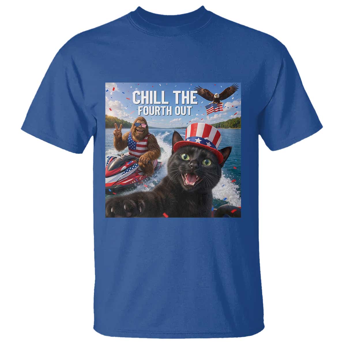 Patriotic Bigfoot And Cat T Shirt Chill The Fourth Out