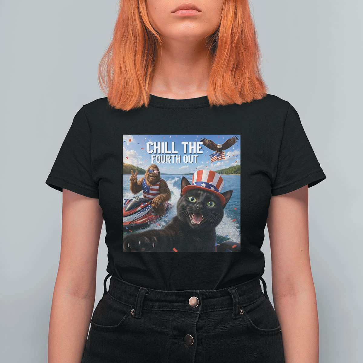 Patriotic Bigfoot And Cat T Shirt For Women Chill The Fourth Out