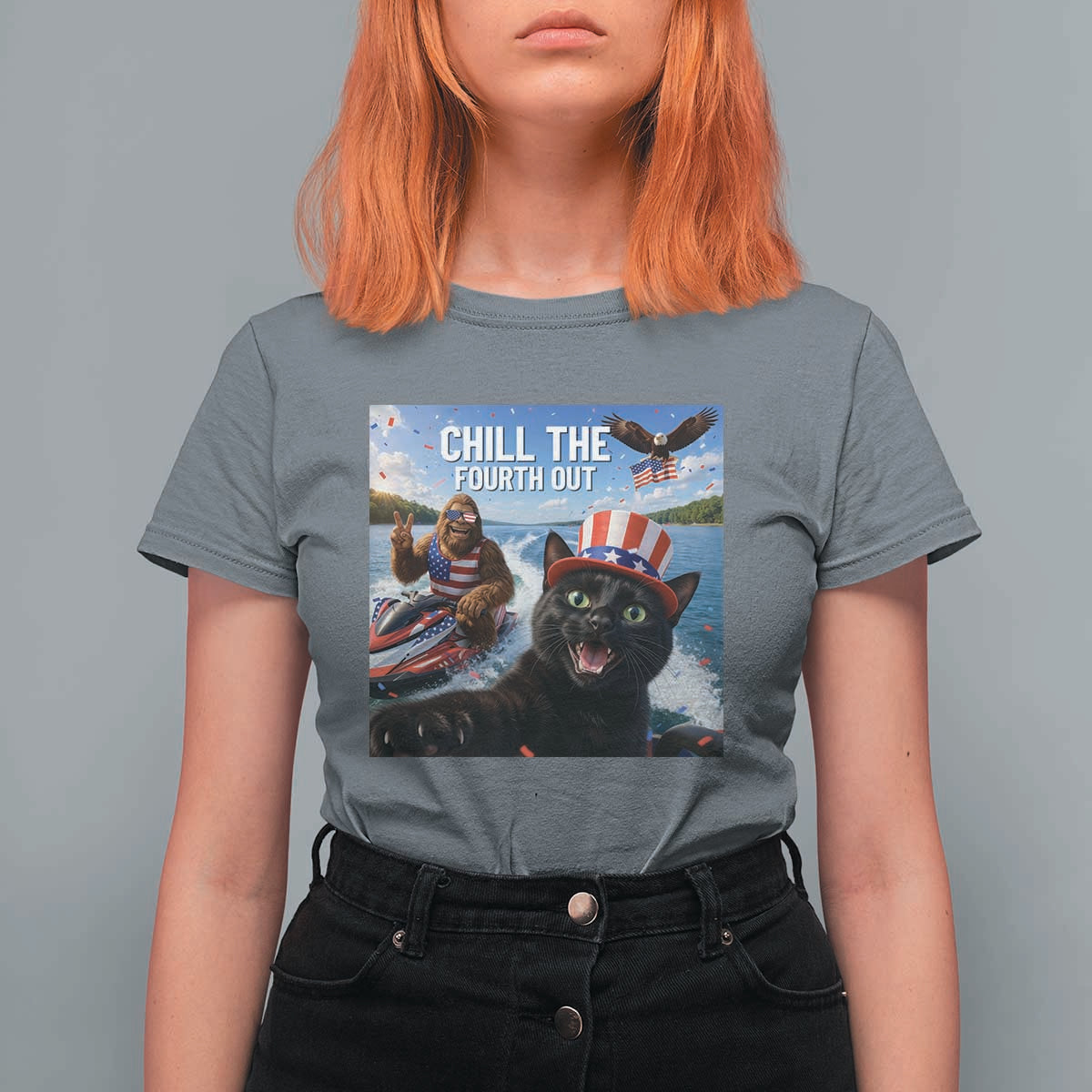 Patriotic Bigfoot And Cat T Shirt For Women Chill The Fourth Out