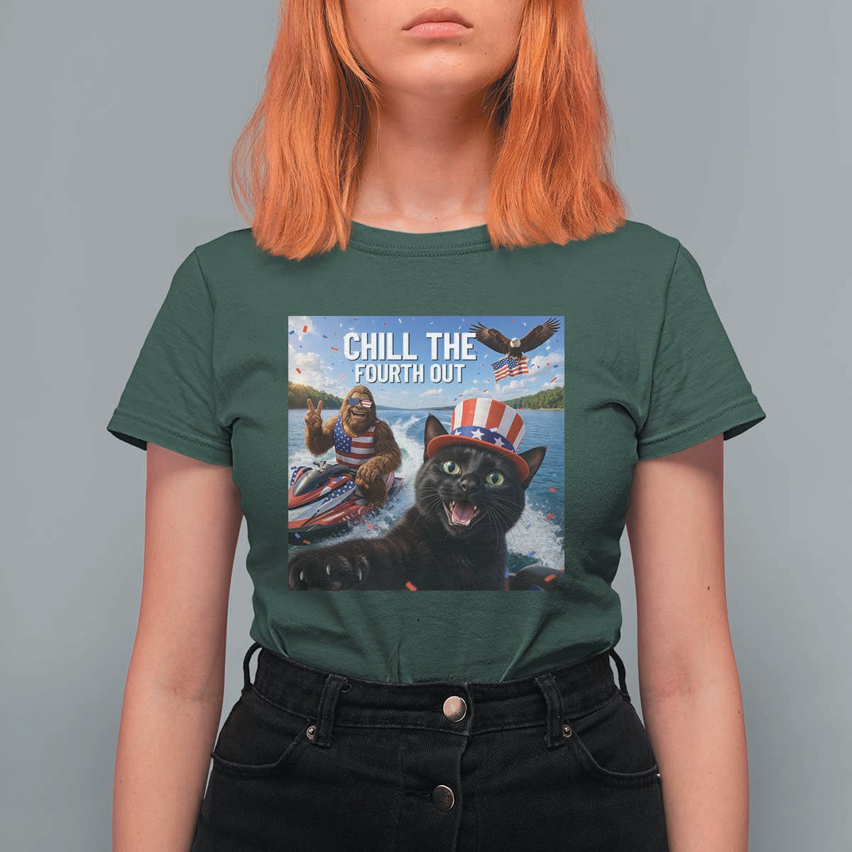 Patriotic Bigfoot And Cat T Shirt For Women Chill The Fourth Out