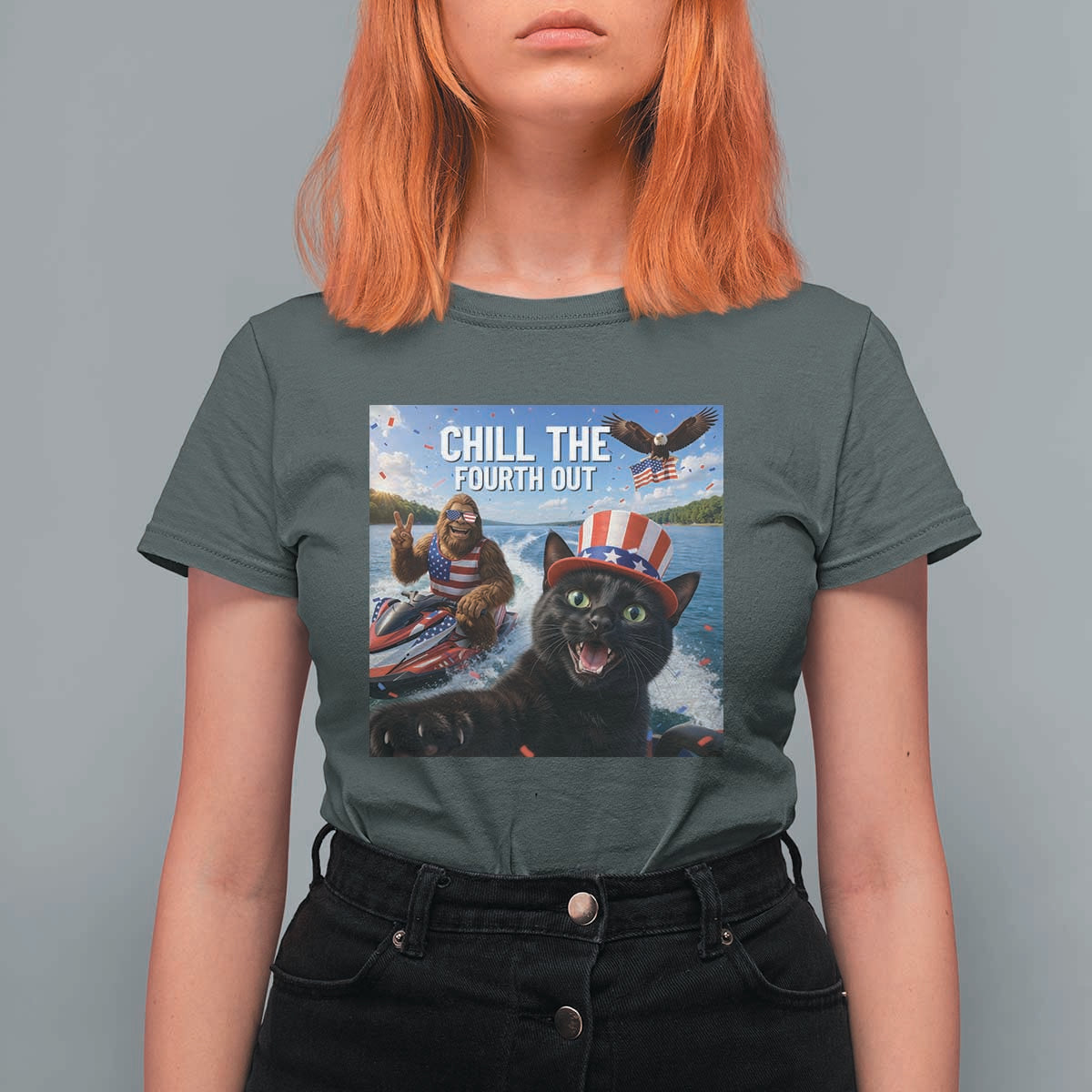 Patriotic Bigfoot And Cat T Shirt For Women Chill The Fourth Out