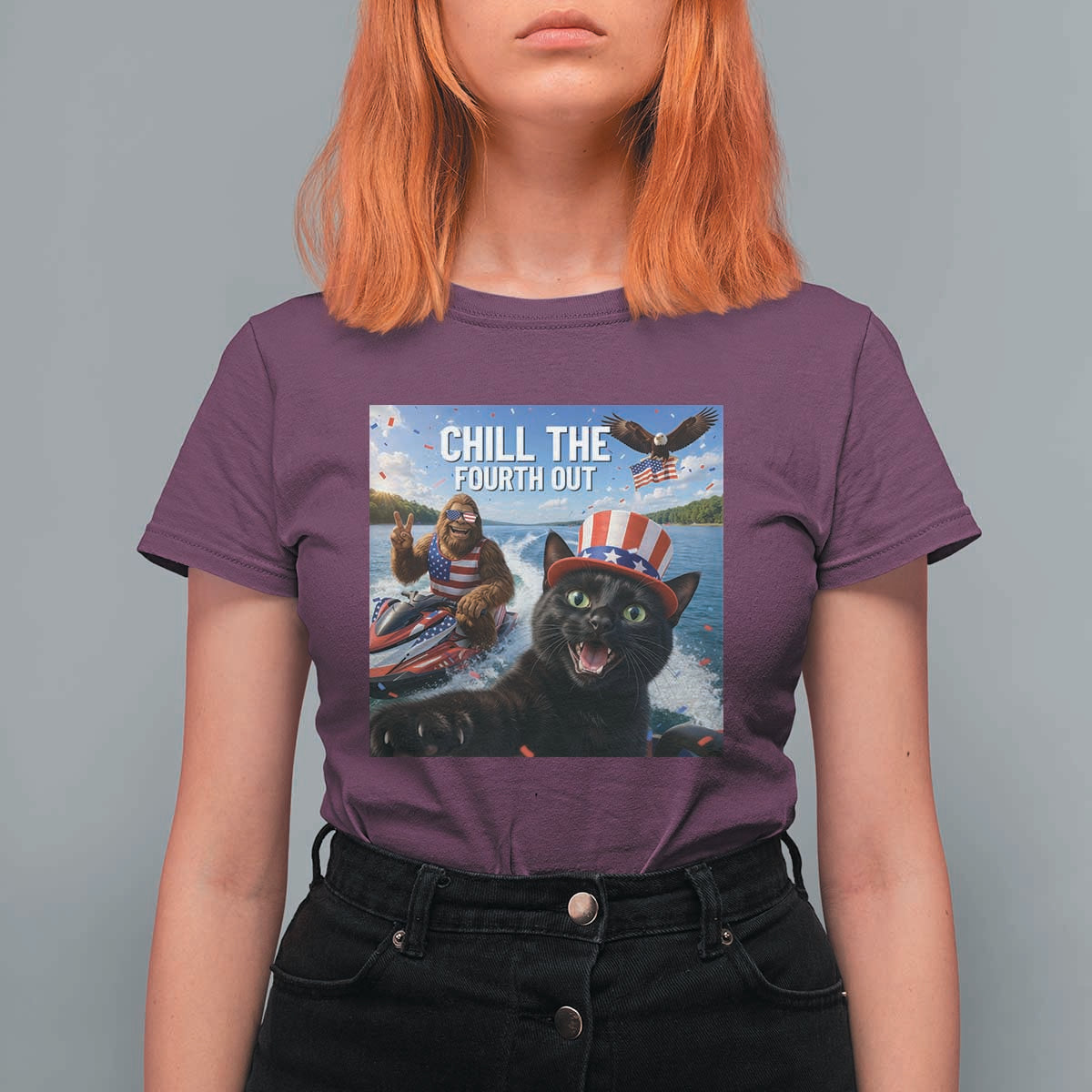 Patriotic Bigfoot And Cat T Shirt For Women Chill The Fourth Out