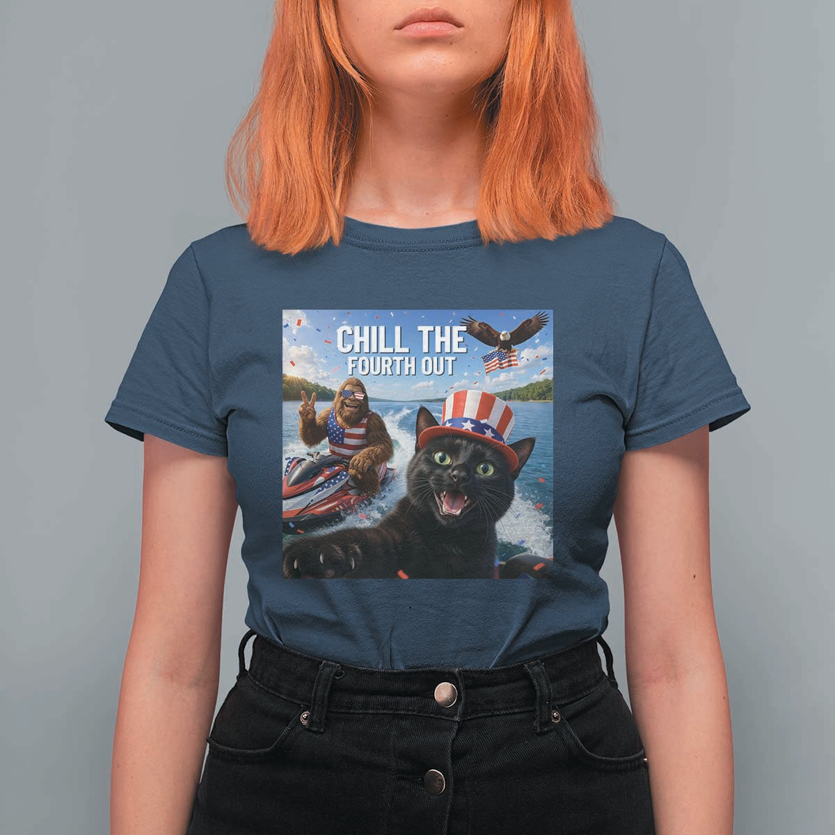 Patriotic Bigfoot And Cat T Shirt For Women Chill The Fourth Out