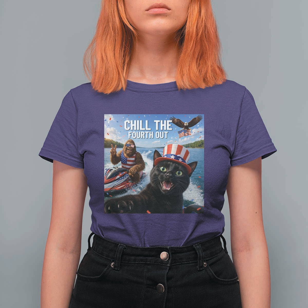 Patriotic Bigfoot And Cat T Shirt For Women Chill The Fourth Out