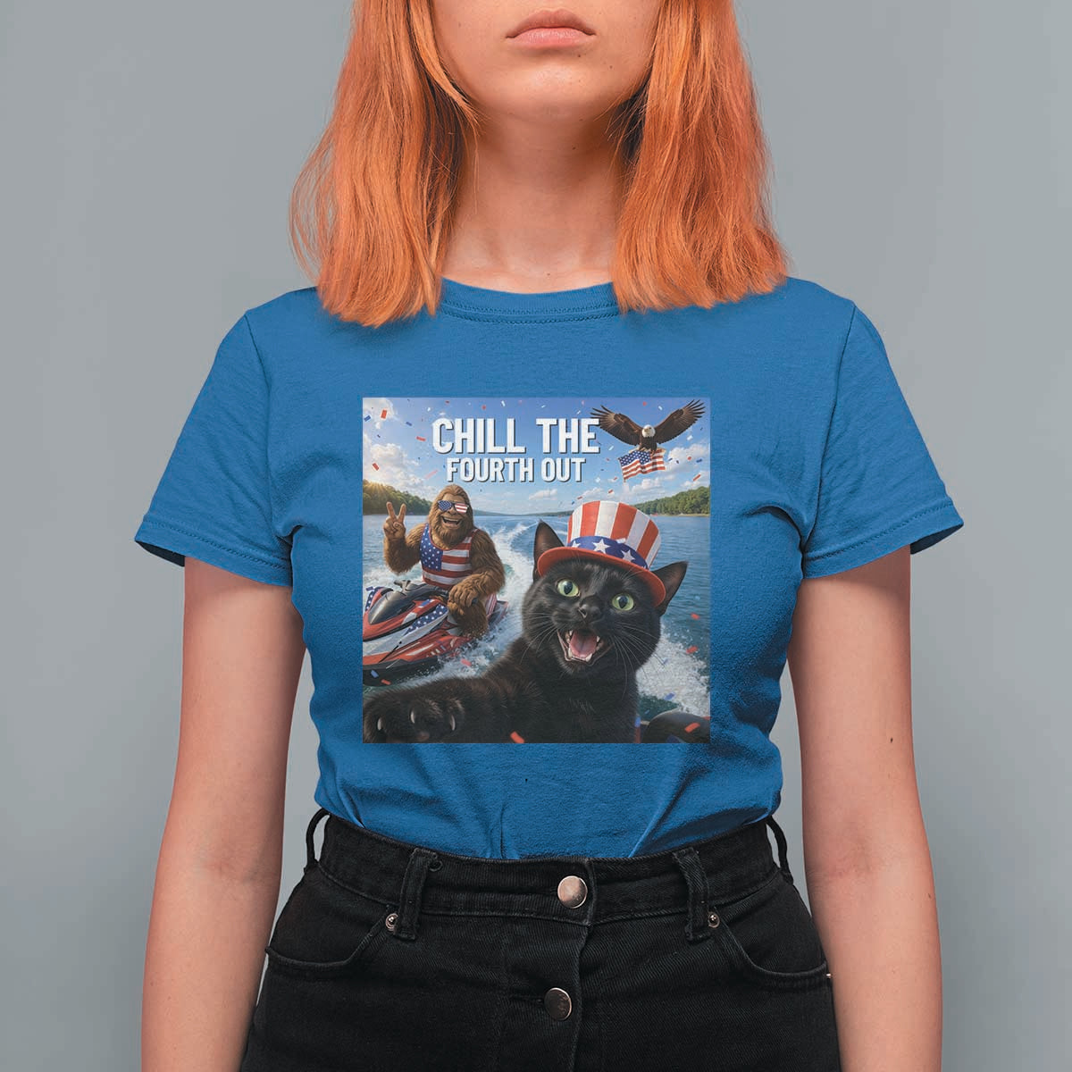 Patriotic Bigfoot And Cat T Shirt For Women Chill The Fourth Out