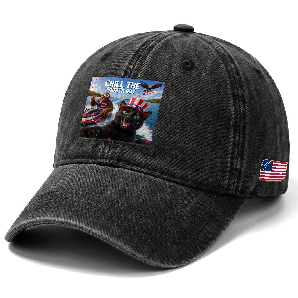 Patriotic Bigfoot And Cat Washed Cotton Baseball Cap Chill The Fourth Out