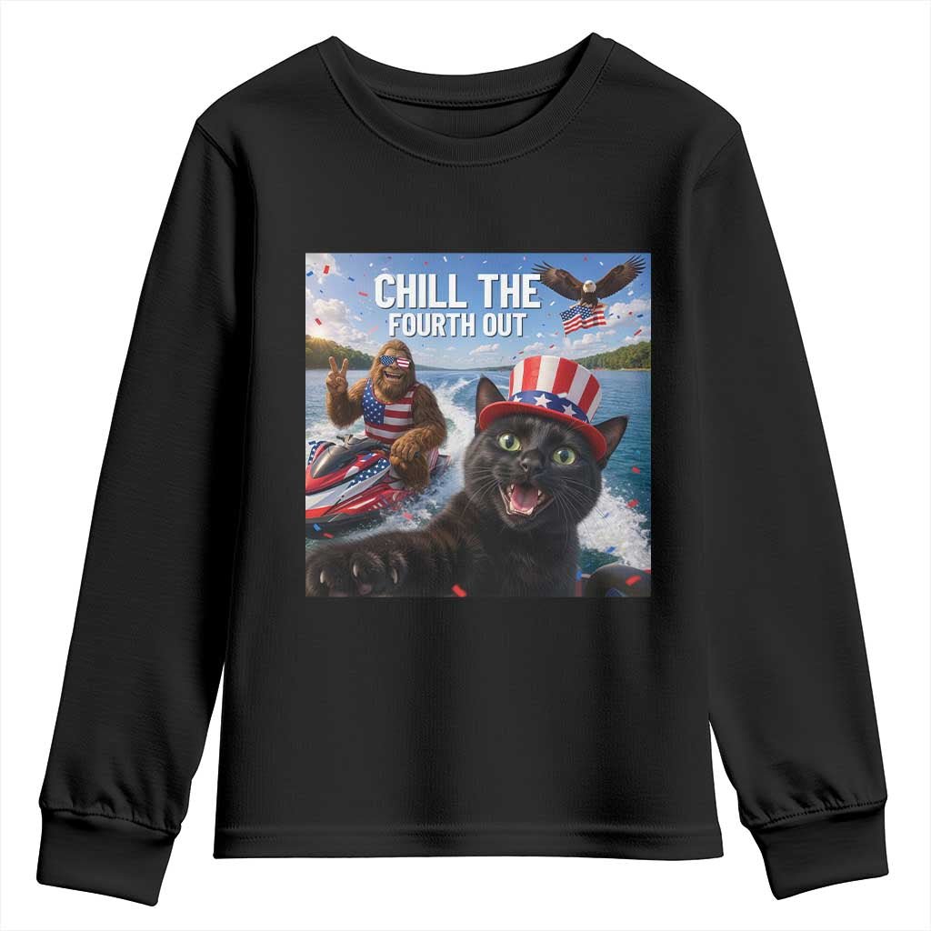 Patriotic Bigfoot And Cat Youth Sweatshirt Chill The Fourth Out