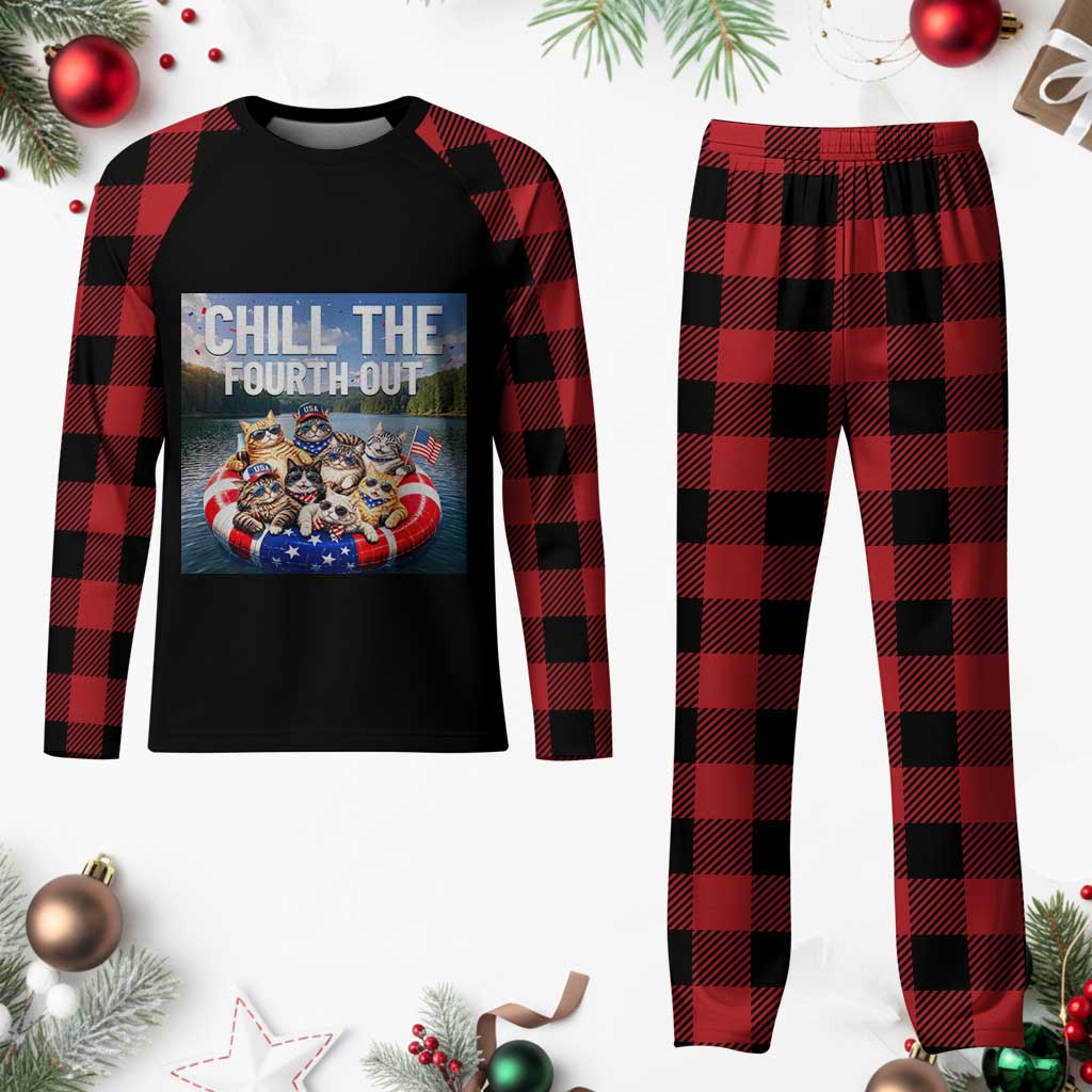 Funny Americana Cat Squad Plaid Pajama Set Chill The Fourth Out