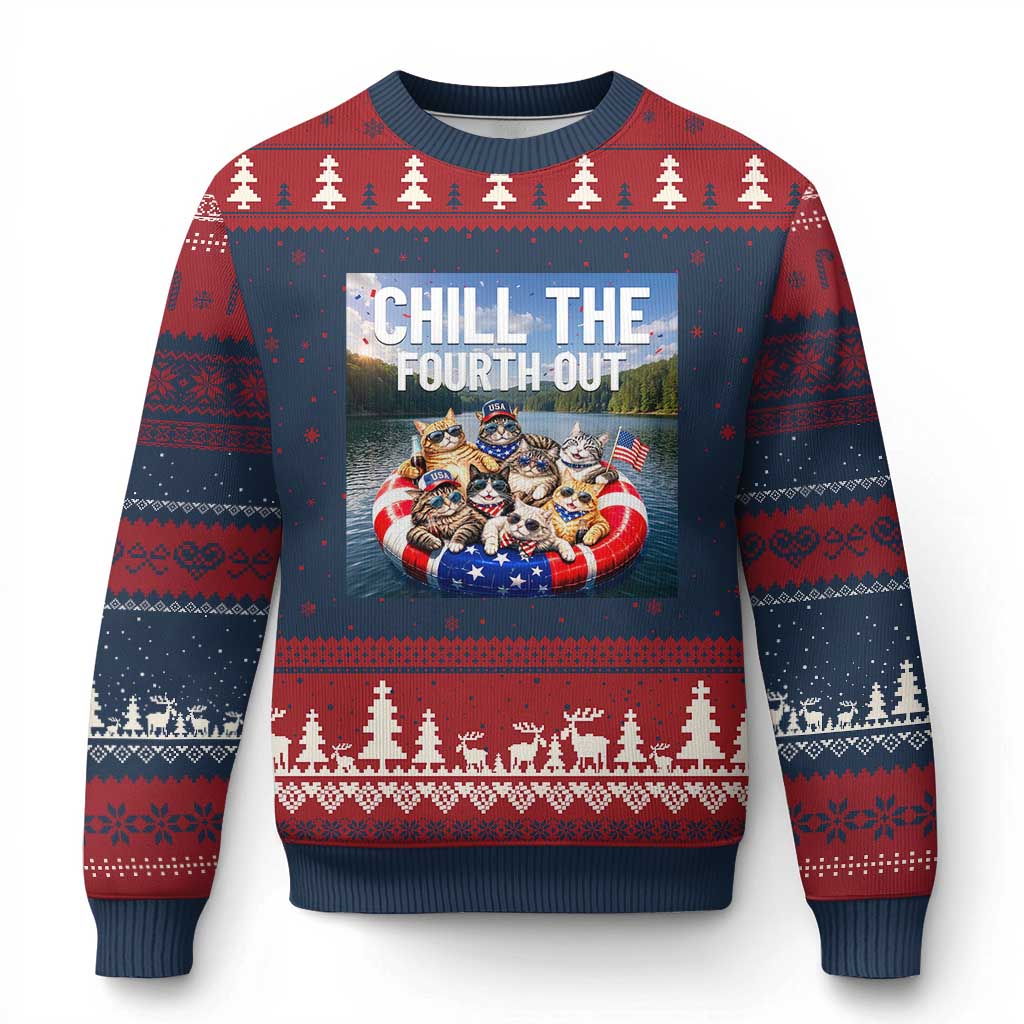 Funny Americana Cat Squad Ugly Christmas Sweater Chill The Fourth Out