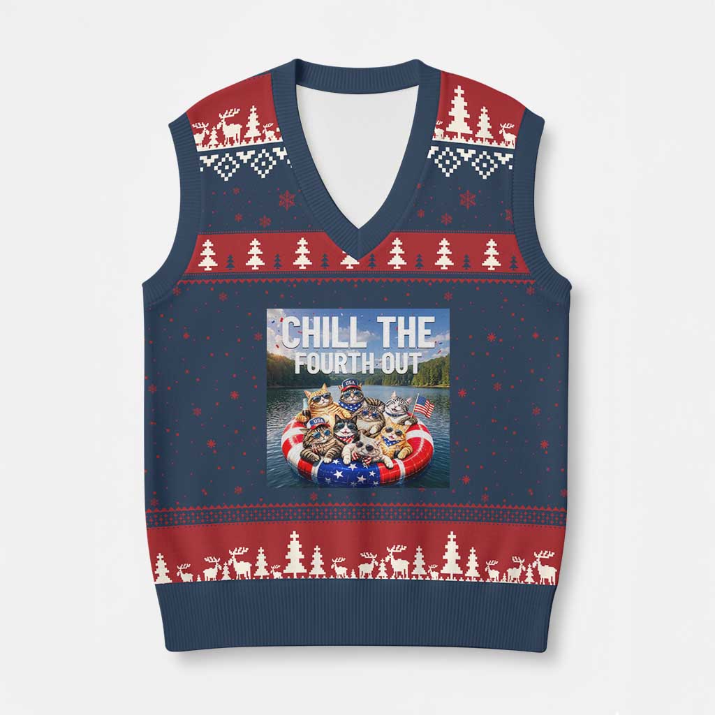 Funny Americana Cat Squad V-Neck Knit Sweater Vest Chill The Fourth Out