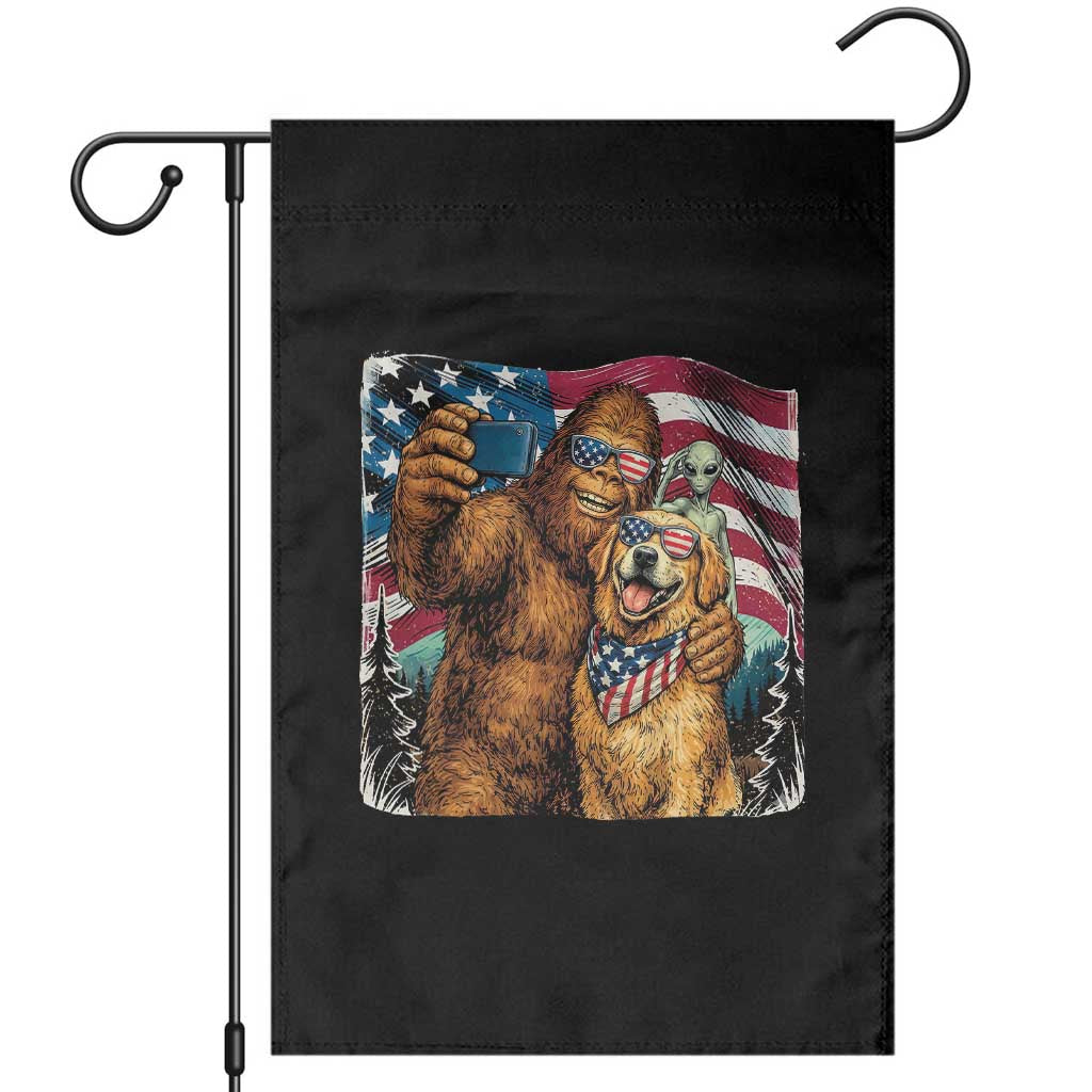 Funny Patriotic Bigfoot Golden Retriever Selfie Squad Garden Flag