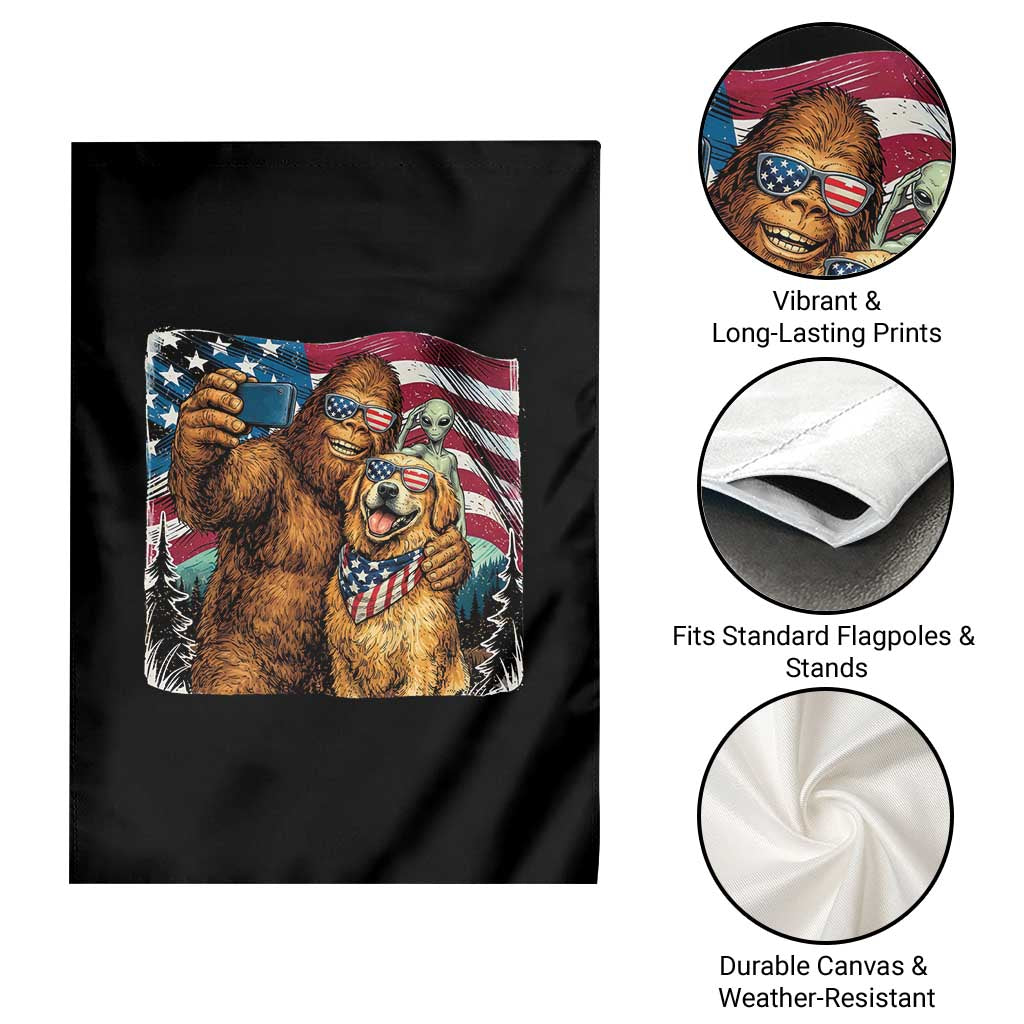 Funny Patriotic Bigfoot Golden Retriever Selfie Squad Garden Flag