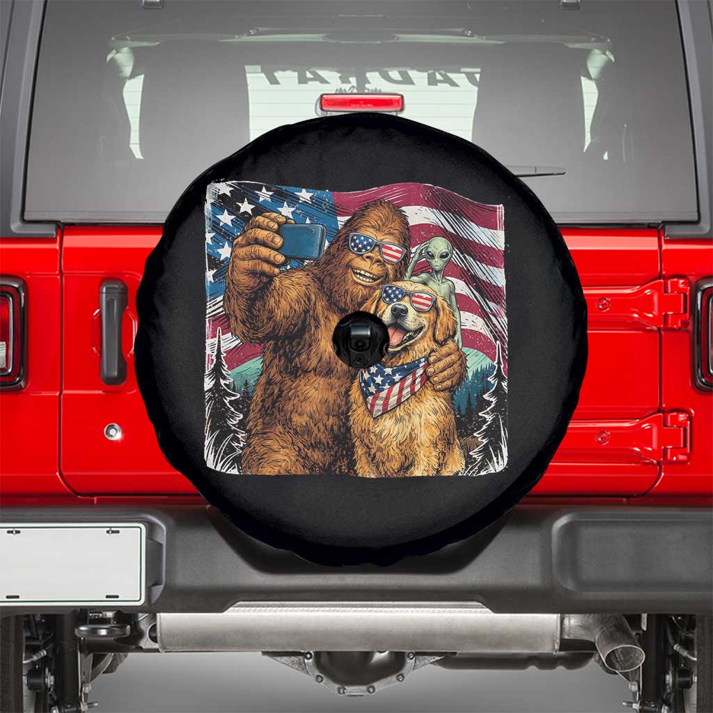 Funny Patriotic Bigfoot Golden Retriever Selfie Squad Spare Tire Cover