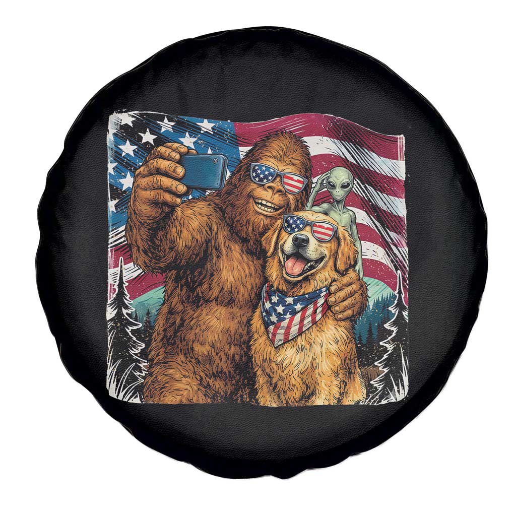 Funny Patriotic Bigfoot Golden Retriever Selfie Squad Spare Tire Cover