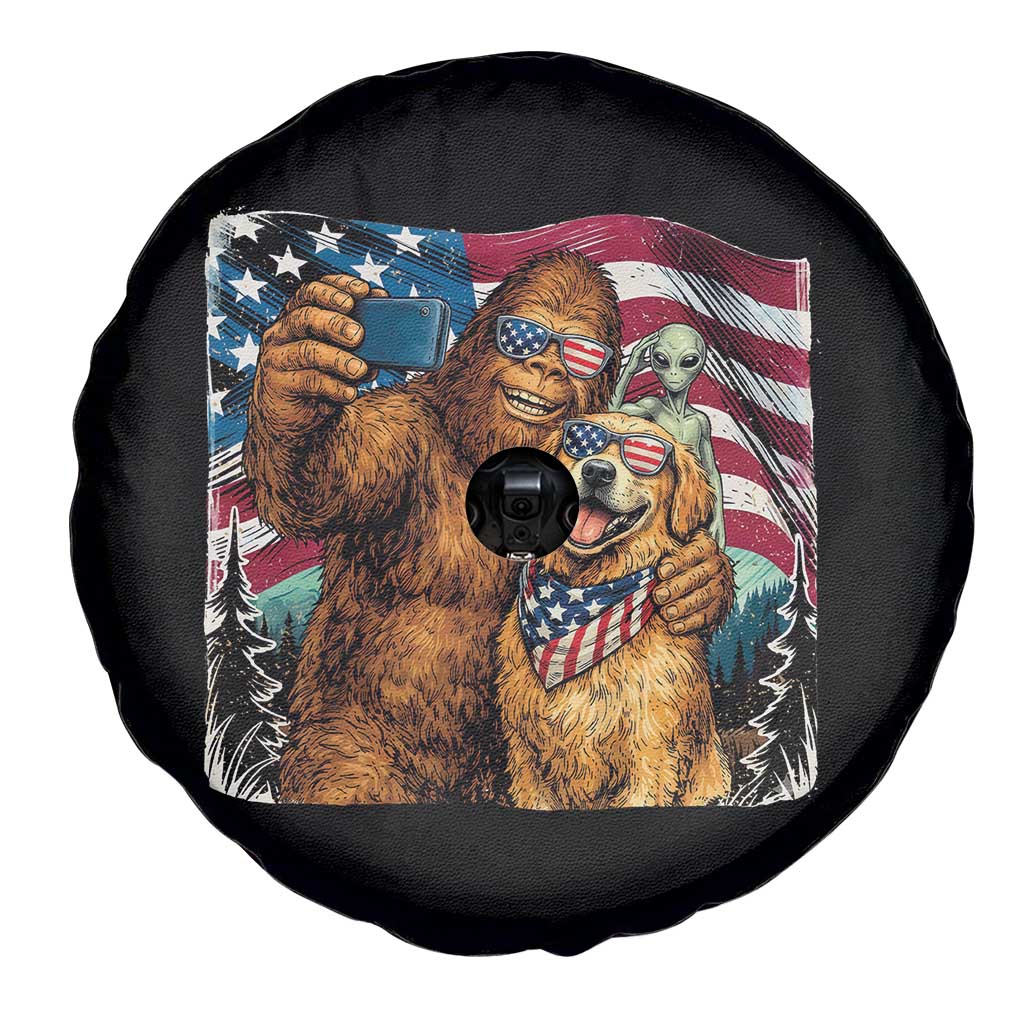 Funny Patriotic Bigfoot Golden Retriever Selfie Squad Spare Tire Cover