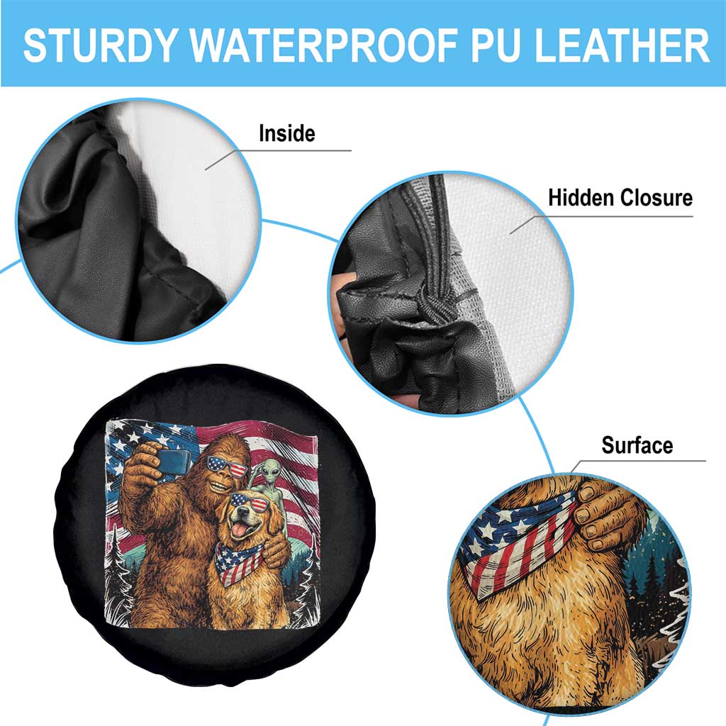 Funny Patriotic Bigfoot Golden Retriever Selfie Squad Spare Tire Cover