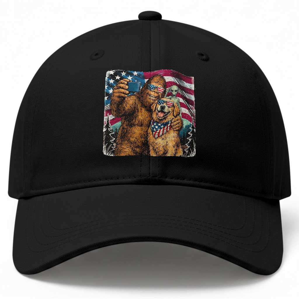 Funny Patriotic Bigfoot Golden Retriever Selfie Squad Baseball Cap