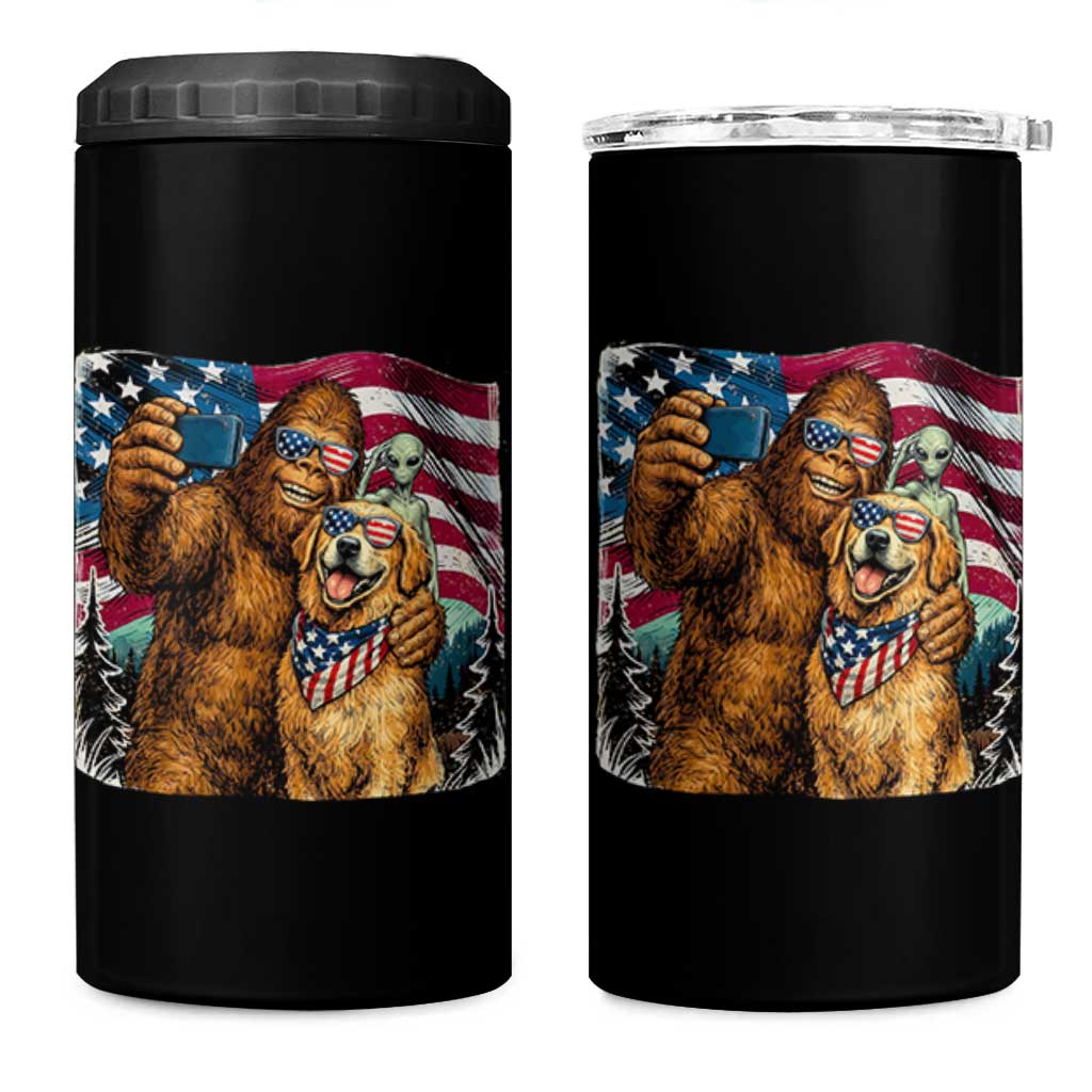 Funny Patriotic Bigfoot Golden Retriever Selfie Squad 4 in 1 Can Cooler Tumbler