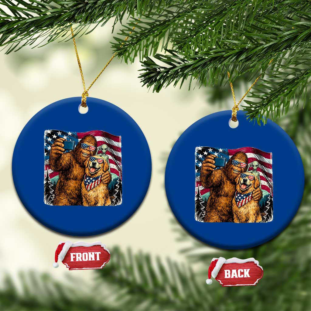 Funny Patriotic Bigfoot Golden Retriever Selfie Squad Ceramic Ornament