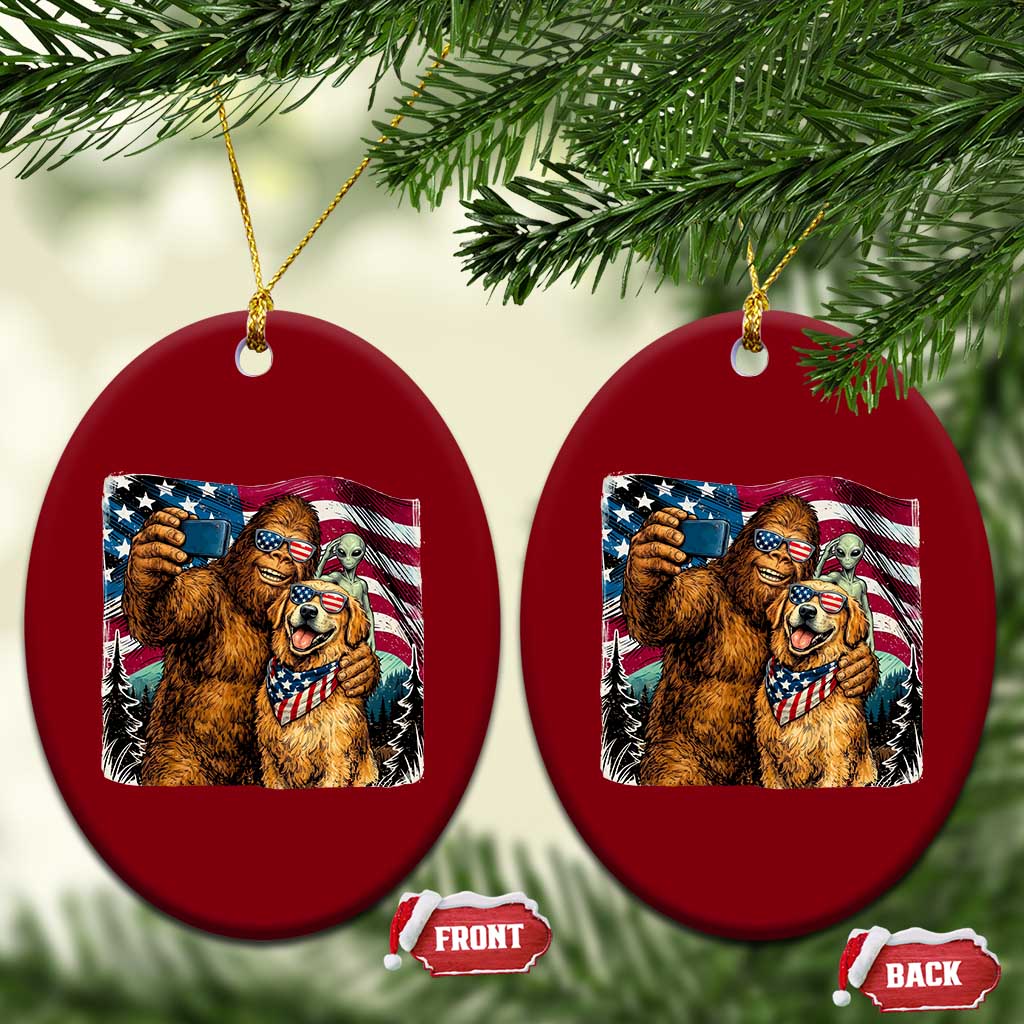 Funny Patriotic Bigfoot Golden Retriever Selfie Squad Ceramic Ornament