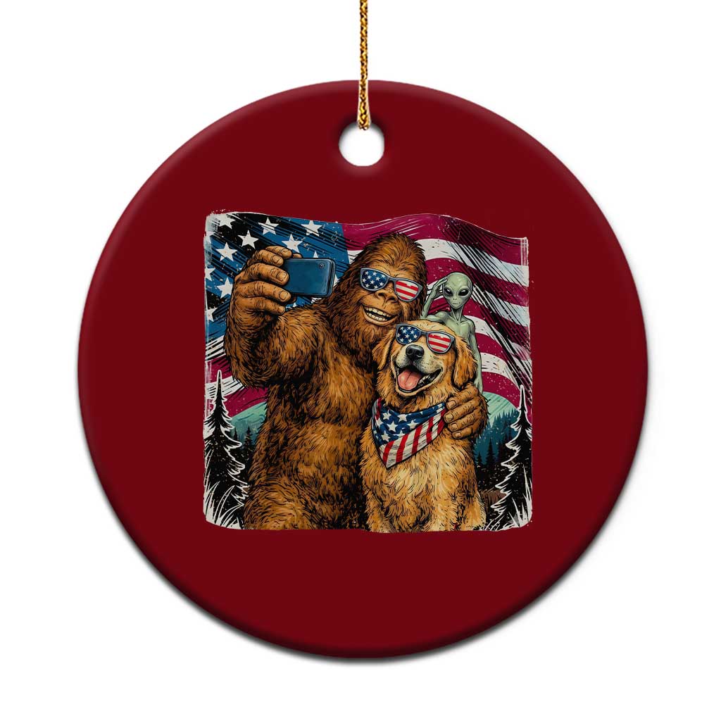 Funny Patriotic Bigfoot Golden Retriever Selfie Squad Ceramic Ornament