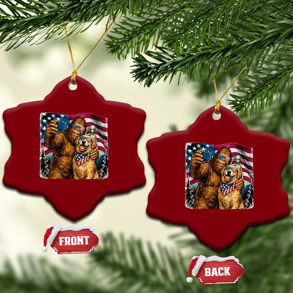 Funny Patriotic Bigfoot Golden Retriever Selfie Squad Ceramic Ornament