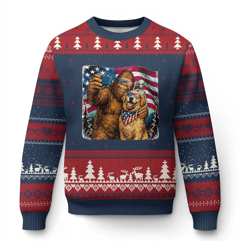 Funny Patriotic Bigfoot Golden Retriever Selfie Squad Ugly Christmas Sweater