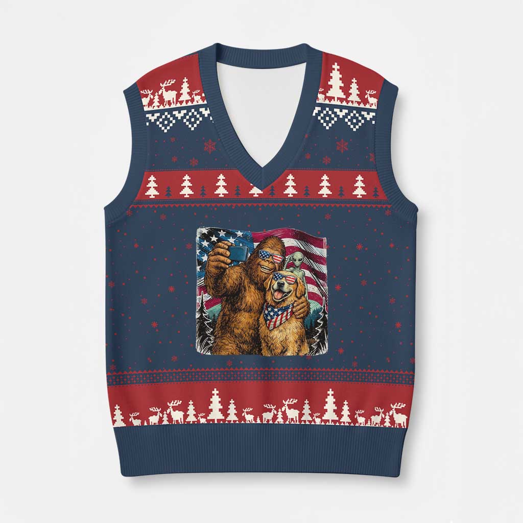 Funny Patriotic Bigfoot Golden Retriever Selfie Squad V-Neck Knit Sweater Vest