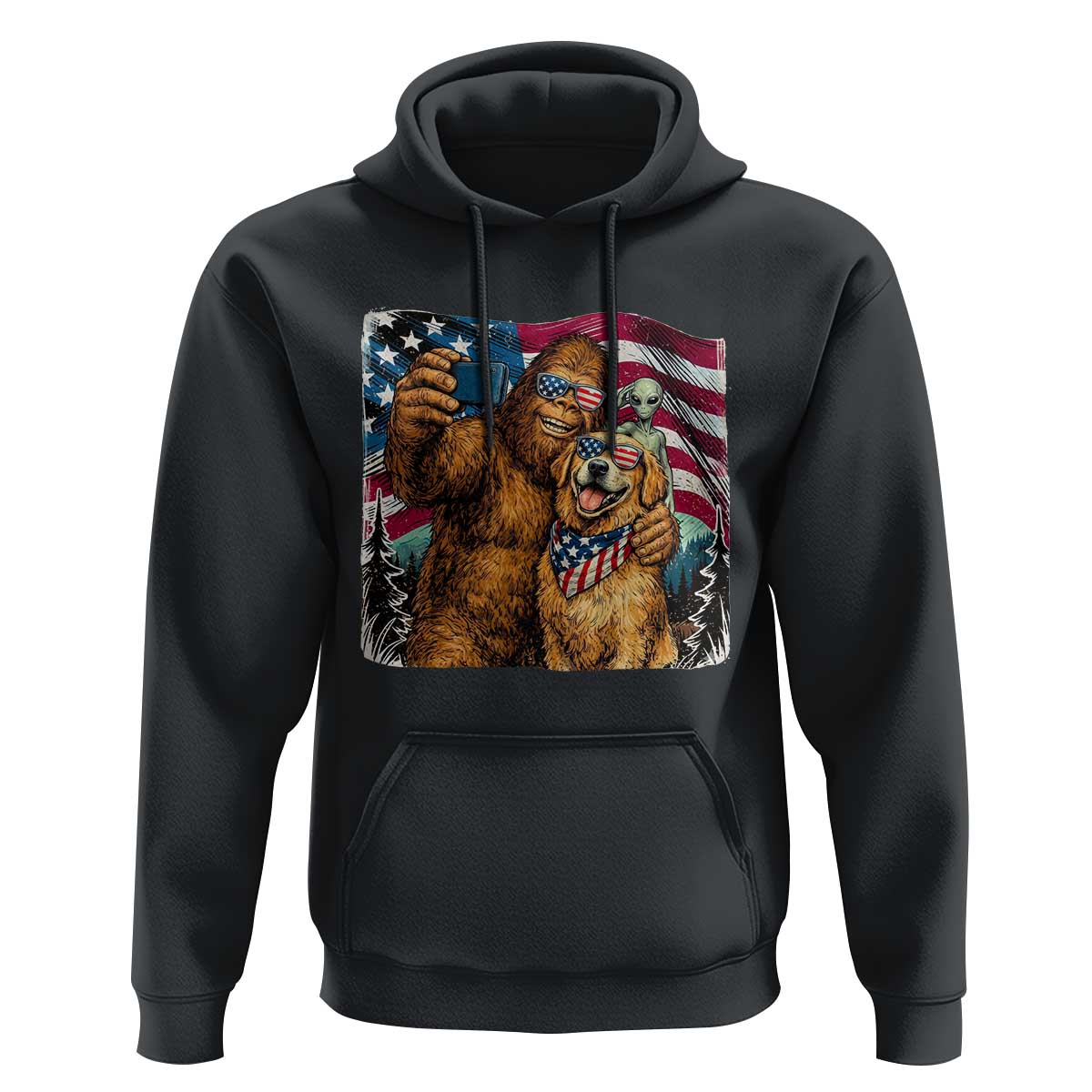 Funny Patriotic Bigfoot Golden Retriever Selfie Squad Hoodie