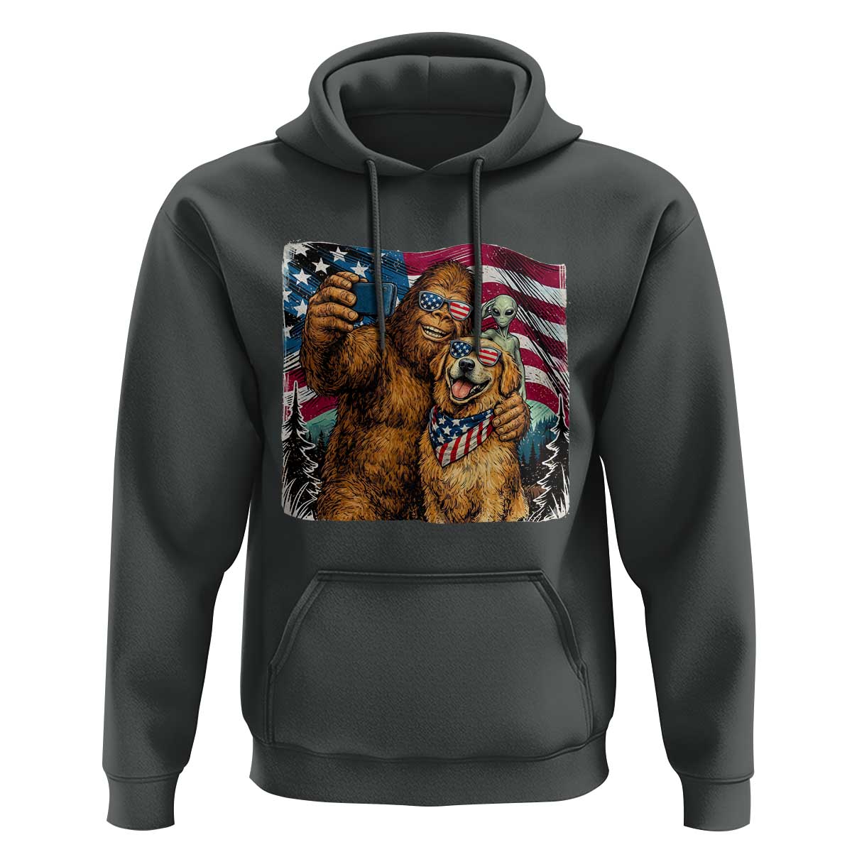 Funny Patriotic Bigfoot Golden Retriever Selfie Squad Hoodie