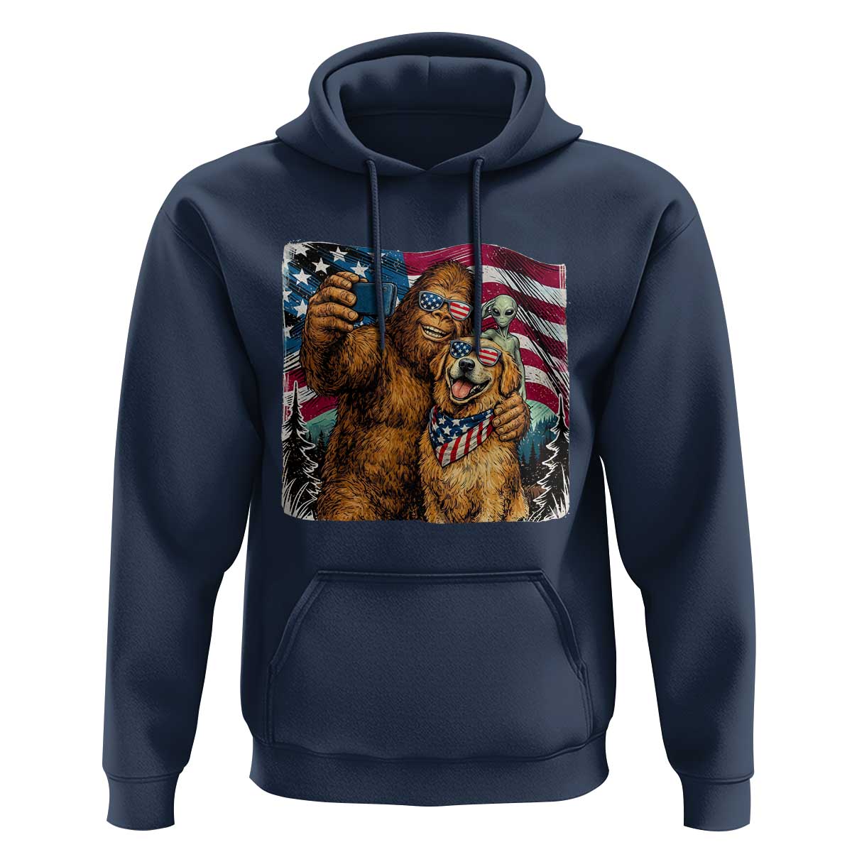 Funny Patriotic Bigfoot Golden Retriever Selfie Squad Hoodie