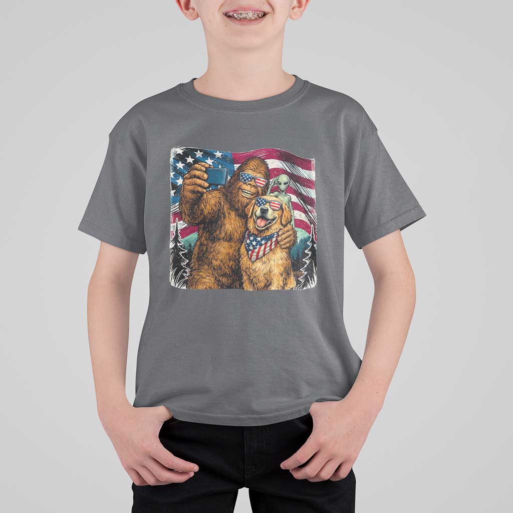 Funny Patriotic Bigfoot Golden Retriever Selfie Squad T Shirt For Kid